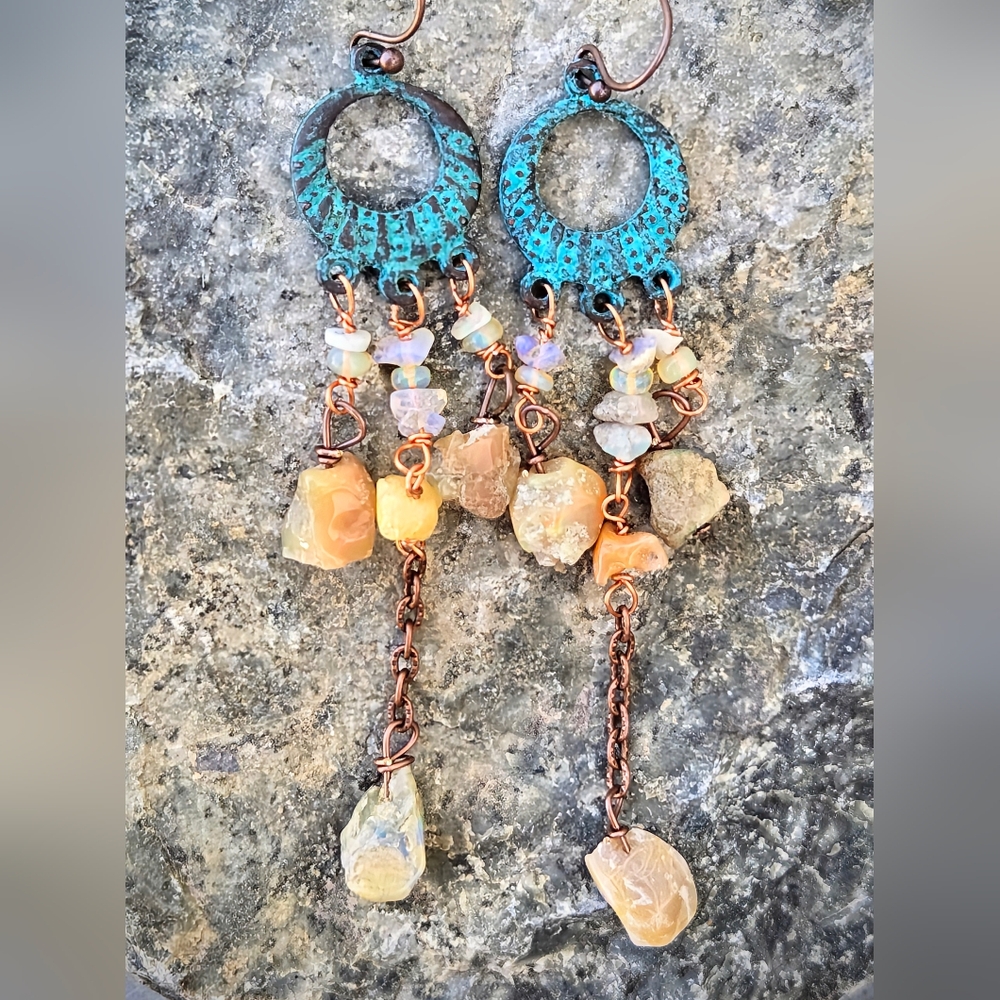 Spellbinding Ethiopian Welo Yellow Opal In Verdigris Blue Patina Copper Earrings - Picture 4 of 9